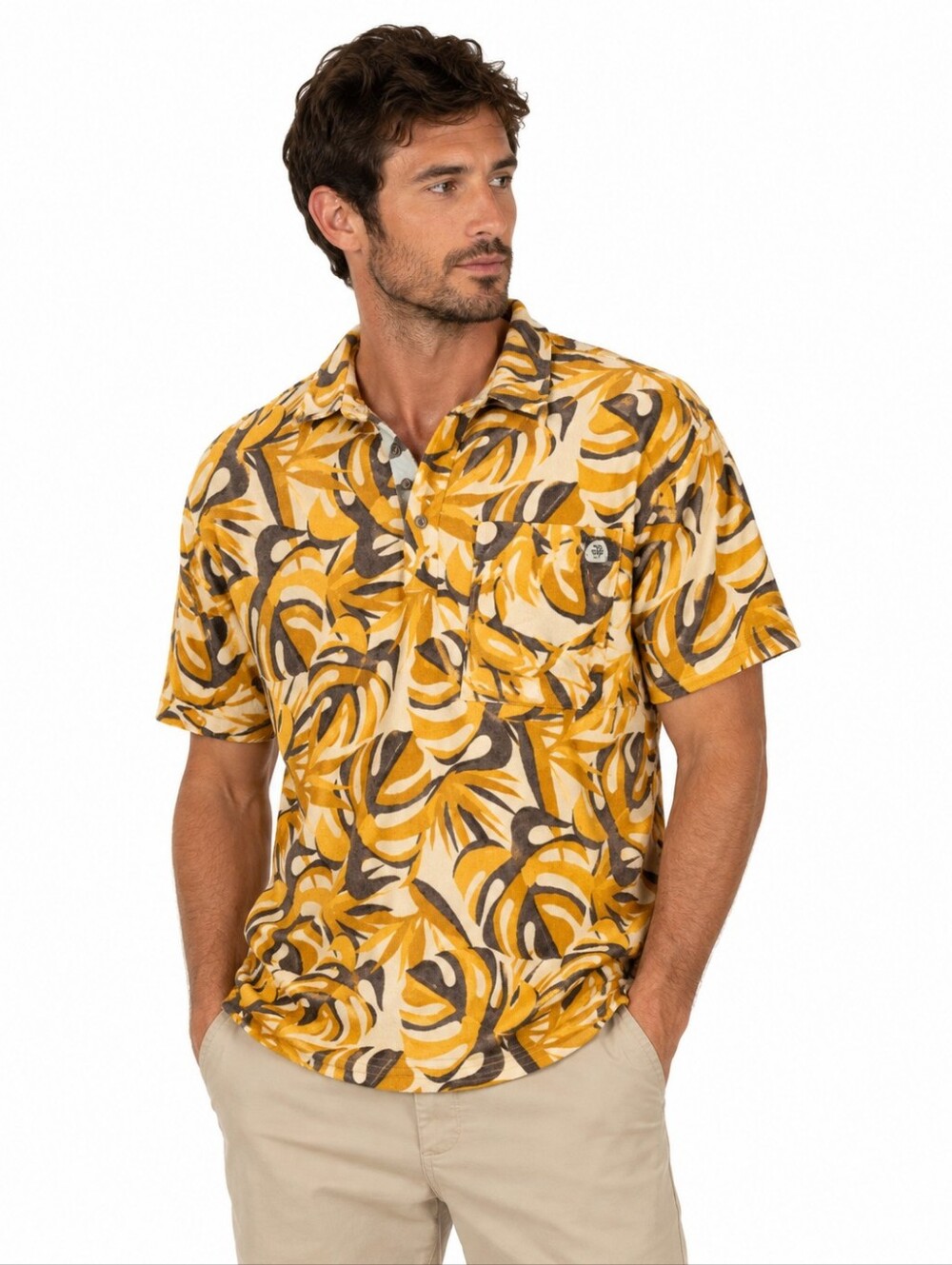 Howler Brothers Plusherman Terry Polo Monstera Mash Citron Gold Yellow Men's XL